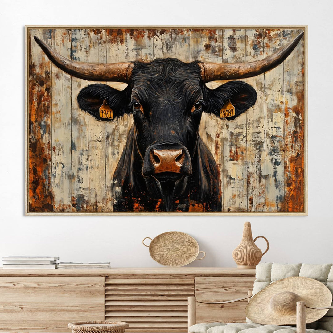 Rustic Texas Artwork Wall Art Canvas Print - Abstract Cow Longhorn Bull Wall Art Canvas Print
