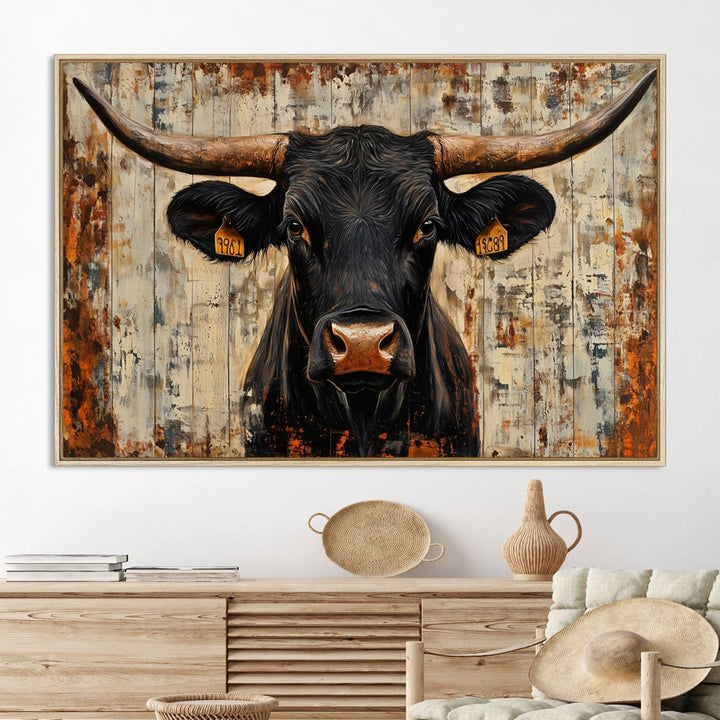 Rustic Texas Artwork Wall Art Canvas Print - Abstract Cow Longhorn Bull Wall Art Canvas Print
