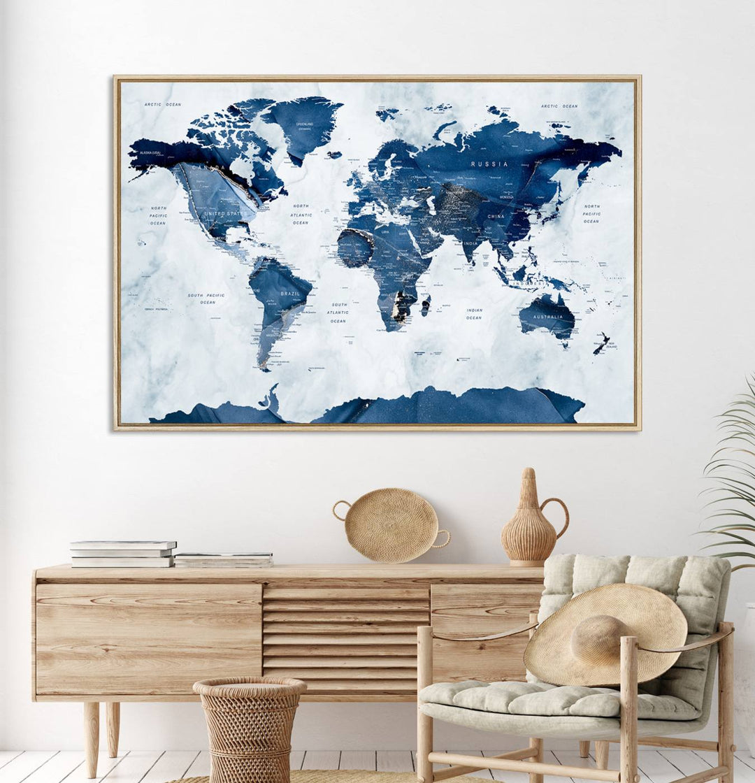 Navy Blue World Map with Antarctica Canvas: A perfect abstract home decor piece featuring a grunge-stained background.