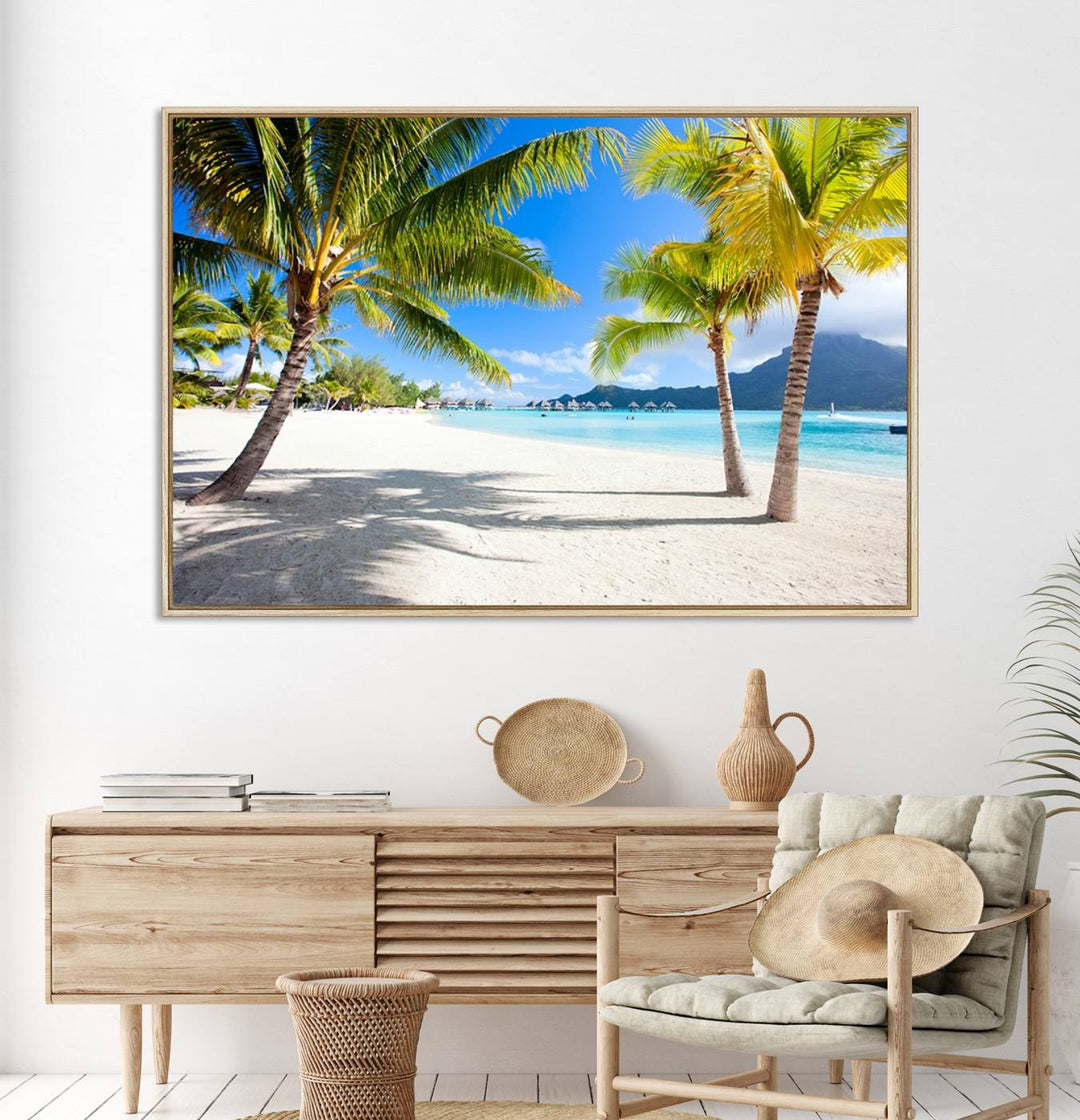 Blue Beach and Sea Wall Art Canvas Print: showcases a tropical scene with palm trees, white sand, and turquoise water.