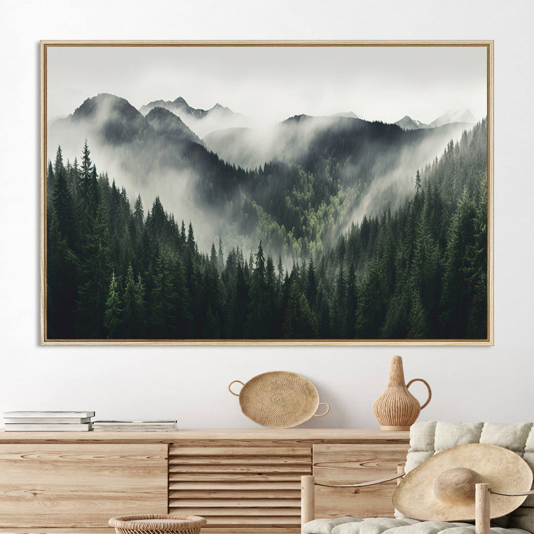 The Misty Forest Canvas Print Wall Art captures a serene misty forest scene with fog and mountains.