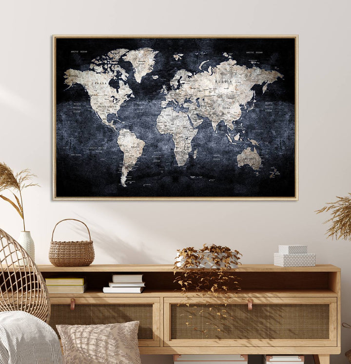 Rustic Black and Bronze World Map Canvas Triptych features white continents on a grunge-stained background.