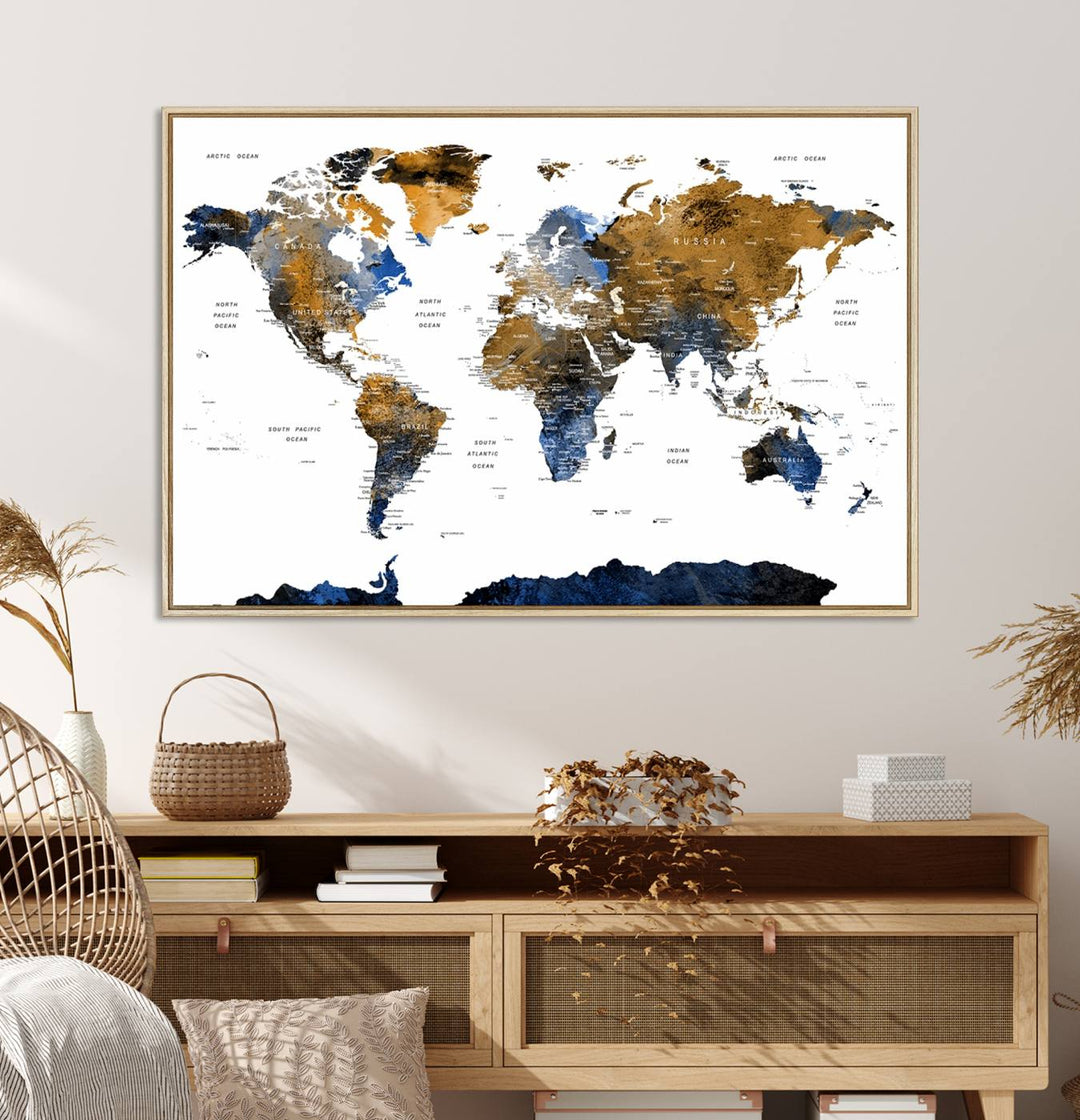 The Watercolor World Map Canvas showcases a grunge-stained background in gold, gray, and blue hues.