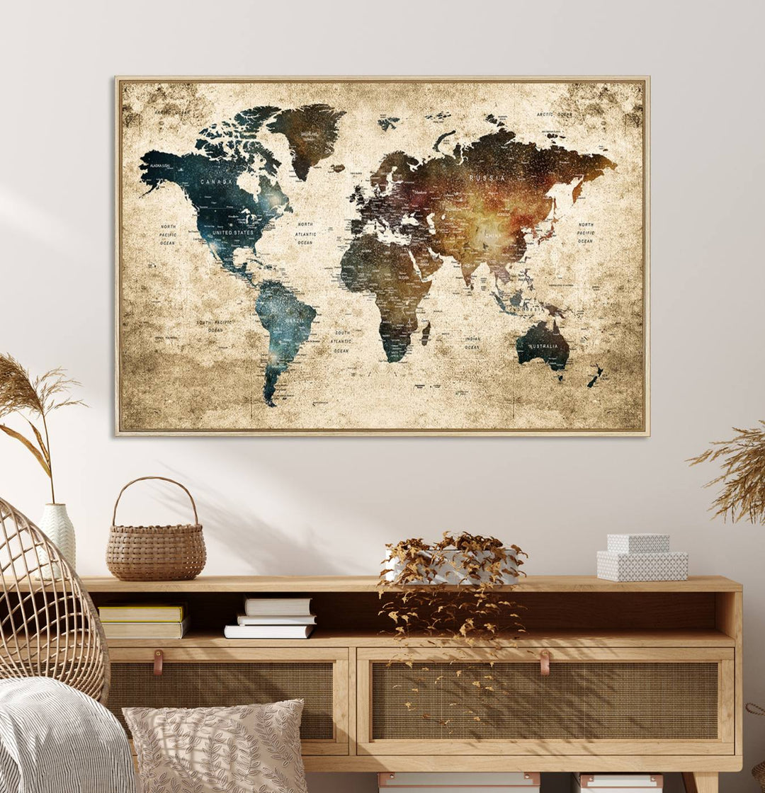 Grunge World Map Canvas featuring earth-toned continents, suitable for study, office, or living room.