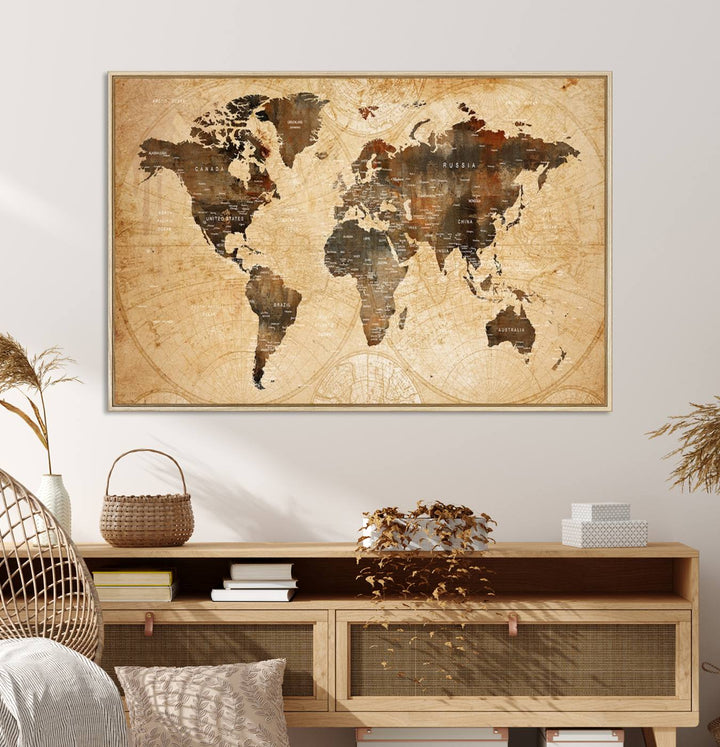Vintage World Map Wall Art | 3 Panel Large Canvas Art | Antique World Map Canvas Print | Rustic Map Wall Art, Framed Gallery Wrapped