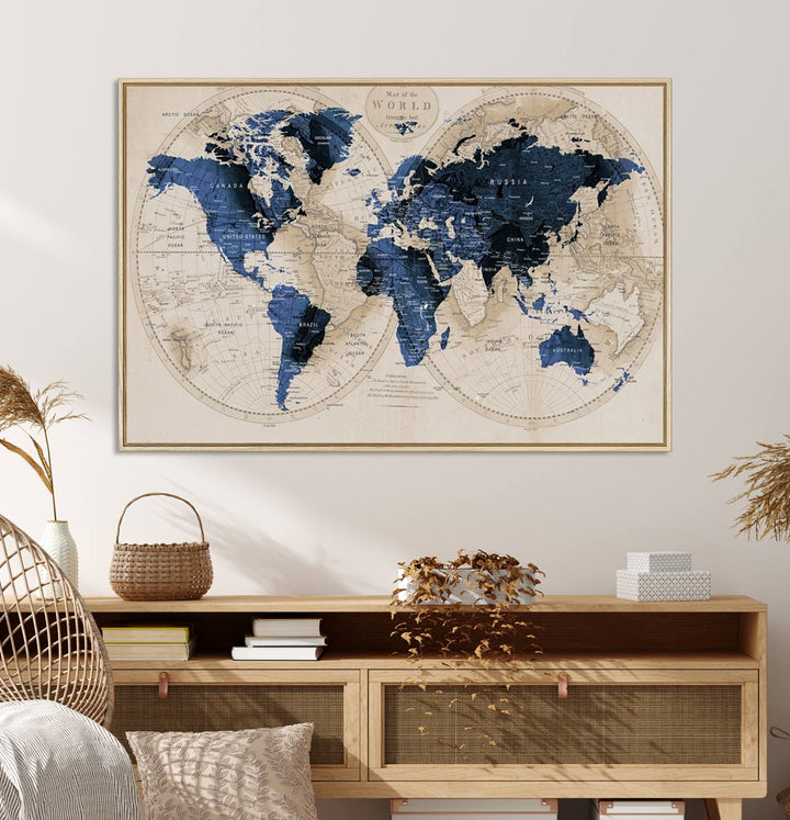 The Vintage Triptych Map Print is a grunge-stained blue and beige world map, perfect for enhancing wall decor.