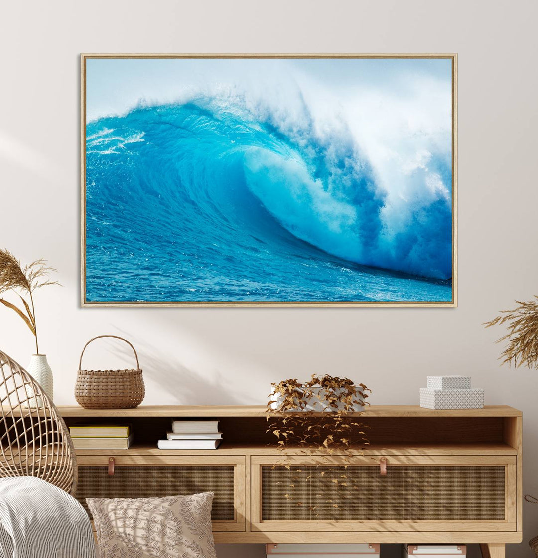 A museum-quality canvas depicting a vibrant blue ocean wave with white foam under a clear sky.