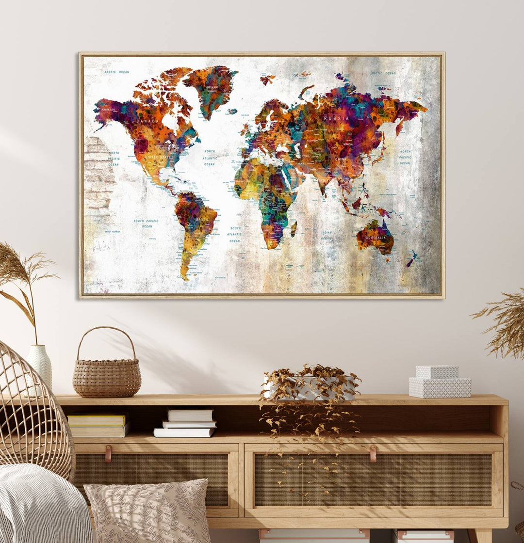 A vibrant Grunge Map Canvas Wall Art Set (3 Panels) for home or office decor, perfect for travel enthusiasts.