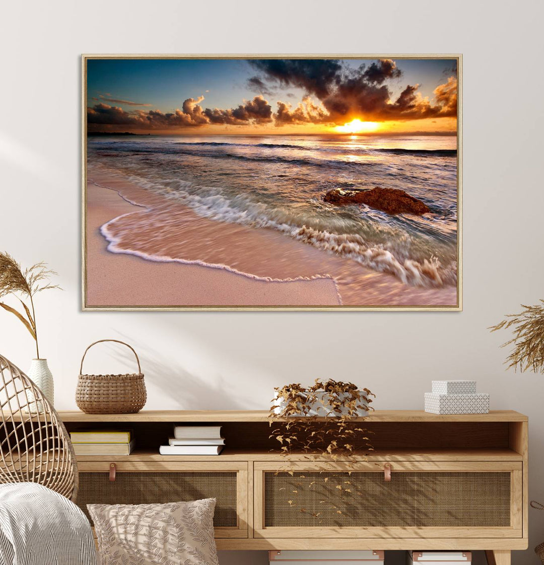 The Sunset on Ocean Wall Art Canvas Print beautifully captures a beach sunset, gentle waves, and a peaceful atmosphere.