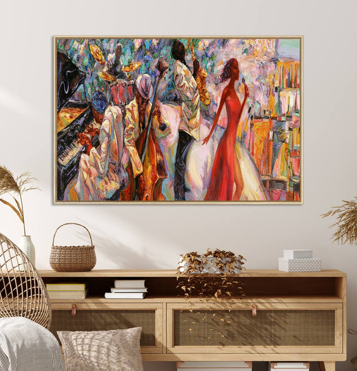 The Abstract Afro American Jazz Canvas captures a vibrant jazz band and showcases a woman dancing in red, making it perfect for dining or music spaces.