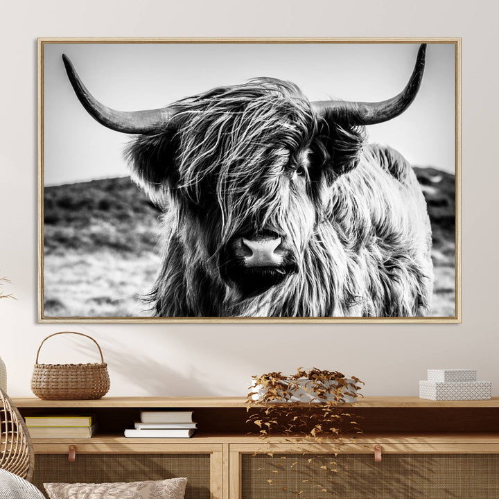 Highland Cow Wall Art | 3-Panel Black and White Highland Cow Canvas Print for Western Farmhouse Decor