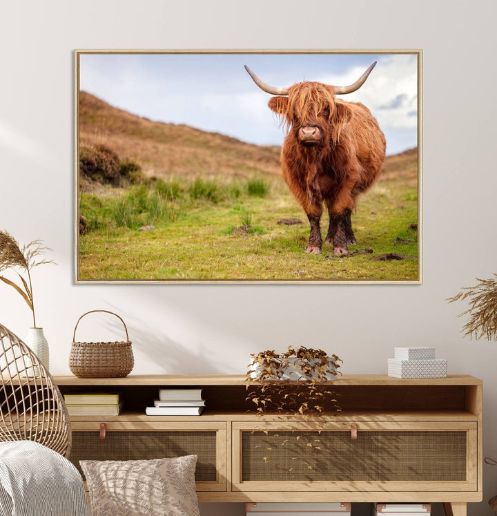 A Highland Cow Animal Canvas Wall Art hangs on the wall, adding warmth to the room.