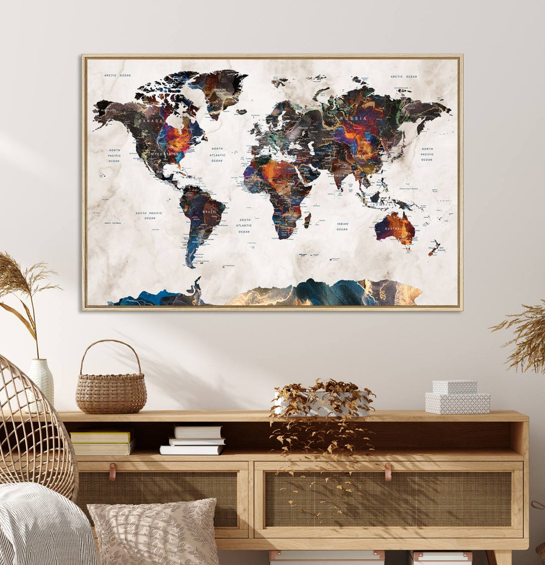 Watercolor World Map Canvas Print in earthy hues with a grunge background, ideal for wall decor.