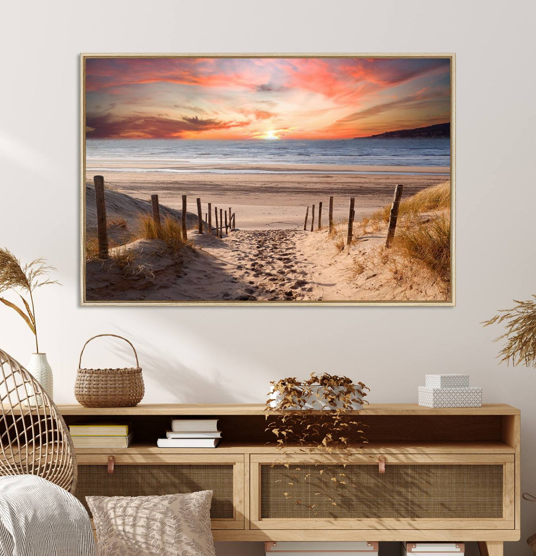 The Sunset on the Sea Wall Art Canvas Print beautifully captures a beach sunset and waves, enhanced with a UV-protective coating.