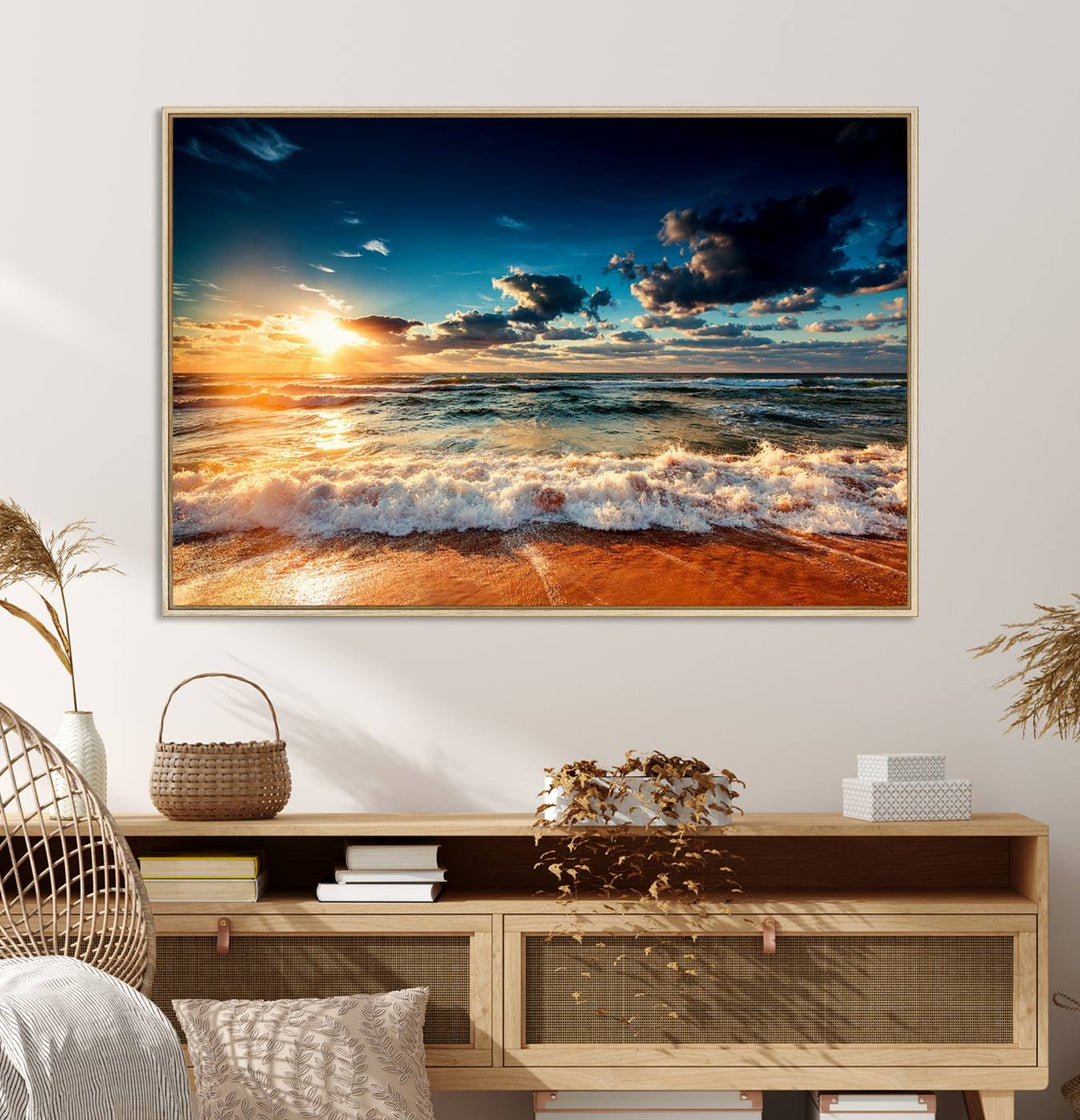 Golden Hour Sunset Over Ocean Waves Canvas: 3-Panel Coastal Landscape Art with Stunning Beach Photography Print.