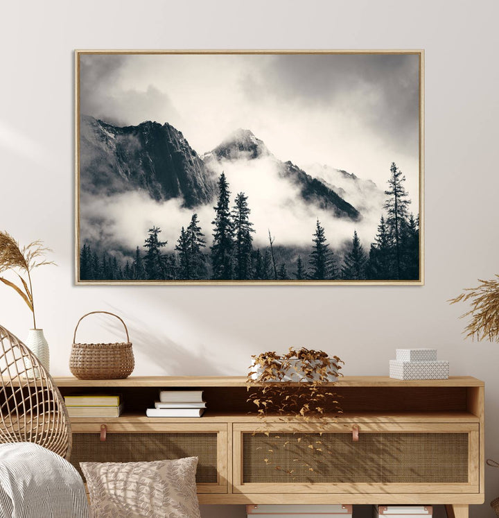 Forest Mountain Print - Black and White Canvas.