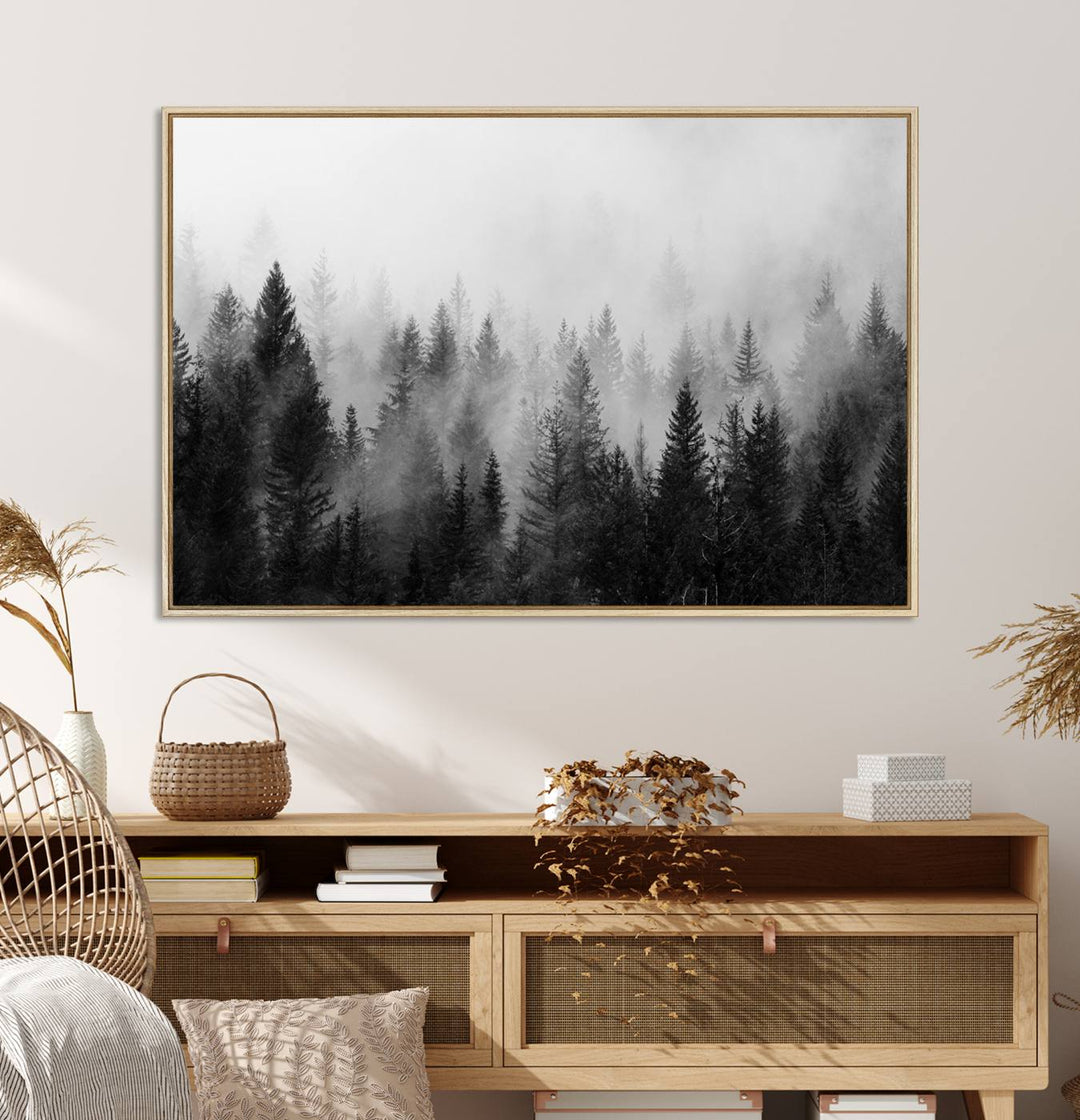 Fogy Forest Canvas Art features misty pines and a mountain landscape.