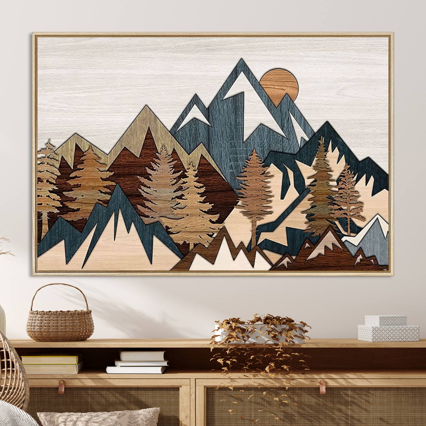 67950-MGV-CV-36X24-Rustic Abstract Wood Panel Effect Canvas Mountain Range Top Wood Wall Art Canvas Print