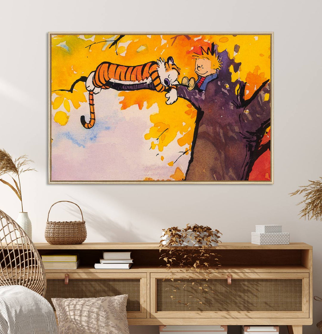 Premium canvas Calvin Wall Arts featuring a boy and tiger relaxing on a branch.