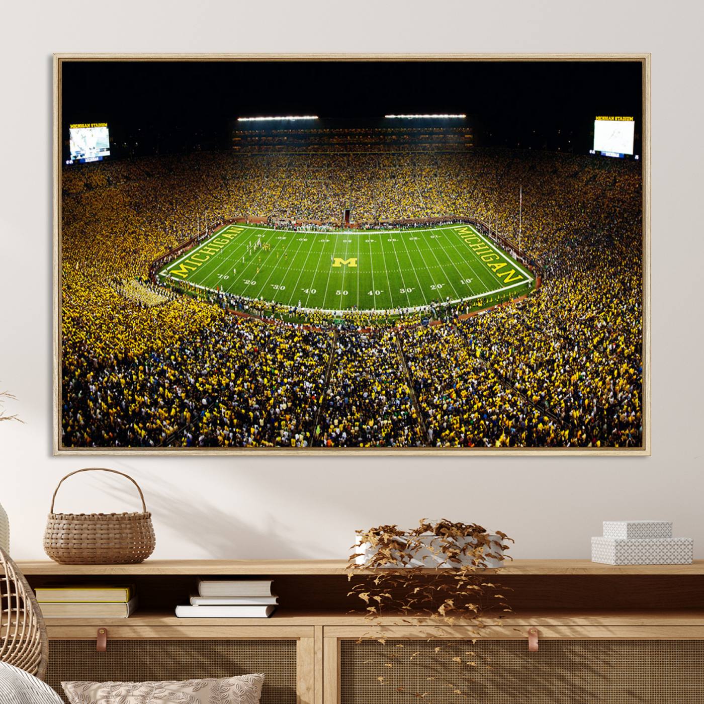 26166-MGV-CV-36X24-Stadium in Michigan Wall Art Canvas Print, Framed American Football Stadium Art Picture Print, Football Stadium Field Perfect Sports Room Decor Artwork