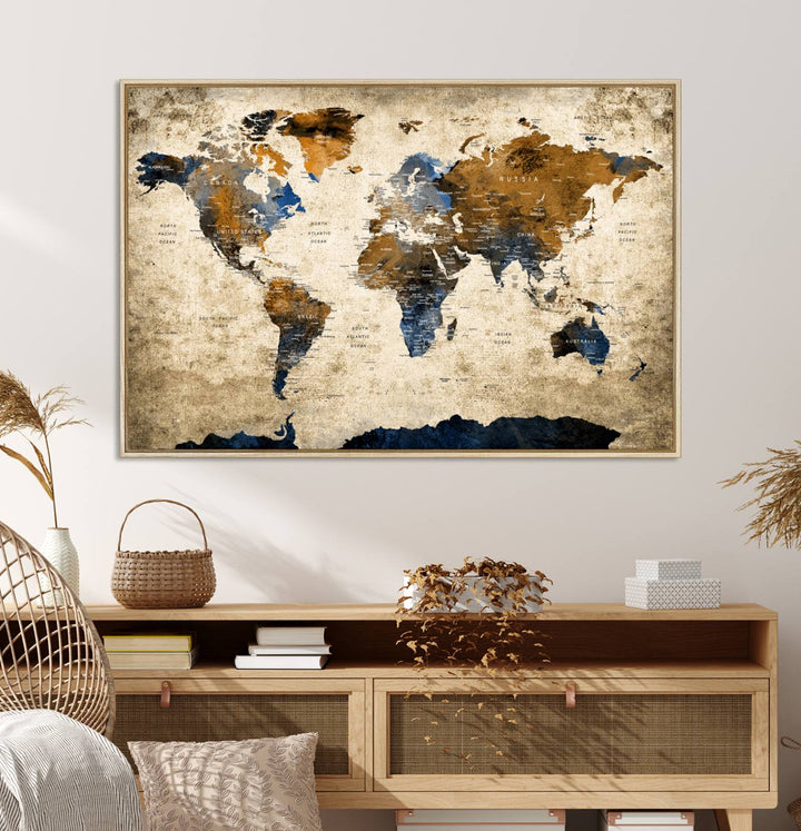 Vintage World Map Canvas Wall Art – Textured Triptych Map Print – Global Decor for Living Room or Office – Ready to Hang