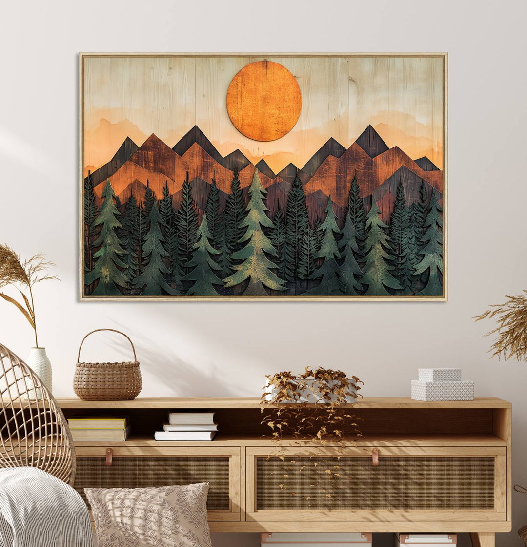 Sunset Mountain Landscape canvas wall art print featuring forest and wooden textures in green, brown, and orange.