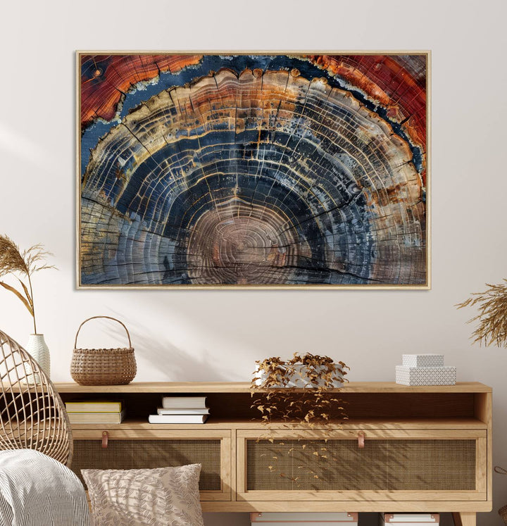 The Abstract Tree Ring Wall Art in orange, blue, and gray perfectly complements minimalist nature-inspired home decor.