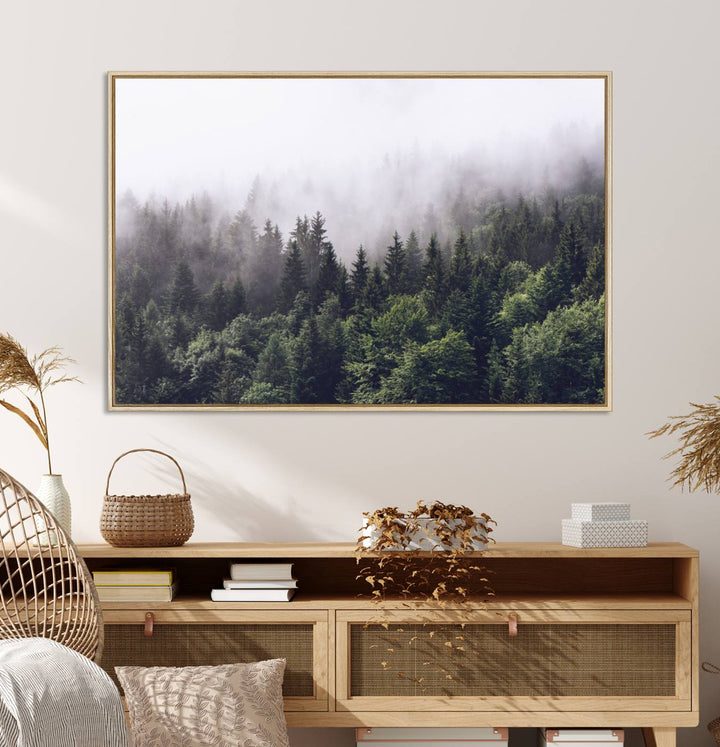 A serene triptych nature print featuring a misty forest, perfect as wall art.