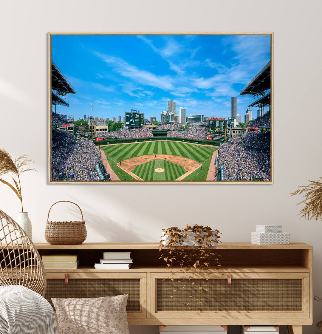 Panoramic view of Wrigley Field, ideal for the Wrigley Field Chicago Cubs Panoramic Canvas Wall Art - Ready to Hang.