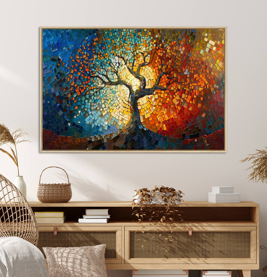 Mosaic Tree Canvas Wall Art: A stunning stained glass-inspired Tree of Life featuring blue and orange swirling patterns reminiscent of a sunburst.