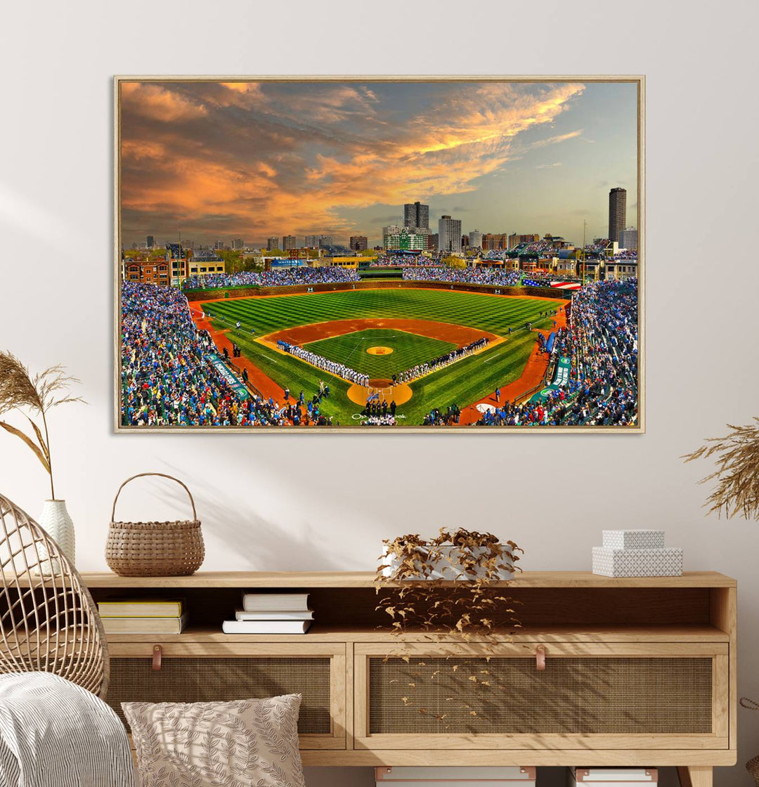 Aerial view of Wrigley Field at sunset against a vibrant sky, creating the perfect Chicago Wrigley Field Canvas Wall Art.