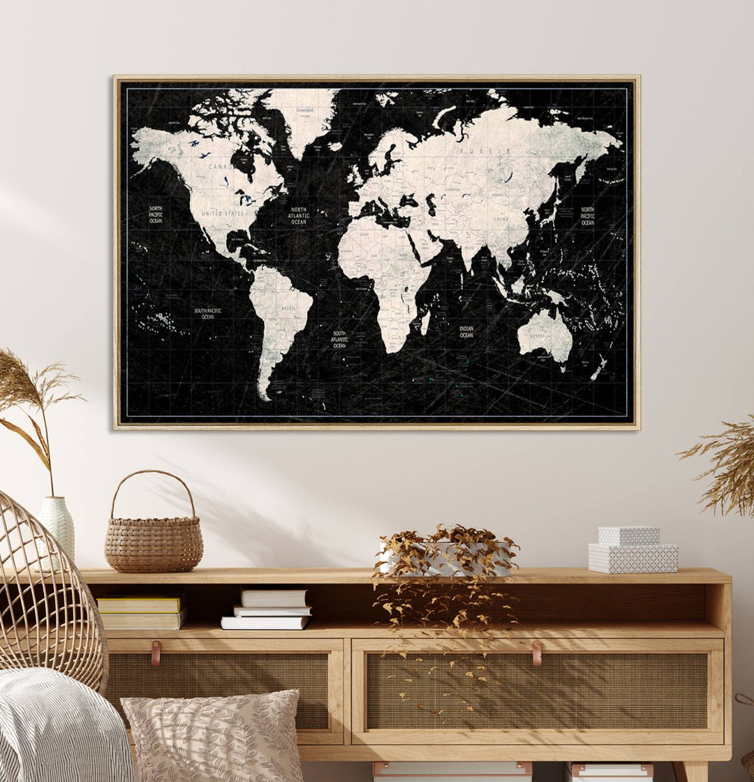 Framed Black and White World Map Canvas Print | 3-Panel Ready to Hang Wall Art for Modern Home Decor | Bold Global Style for Office Decor