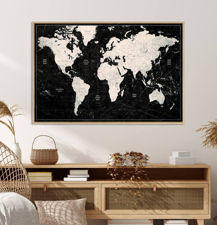 Framed Black and White World Map Canvas Print | 3-Panel Ready to Hang Wall Art for Modern Home Decor | Bold Global Style for Office Decor