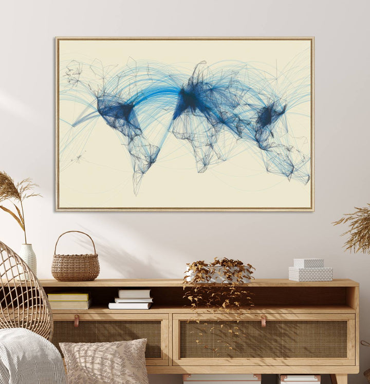 Flight Routes Map: Air Traffic Avi World Map featuring blue lines symbolizing global data. Ideal for home decor and ready to hang.