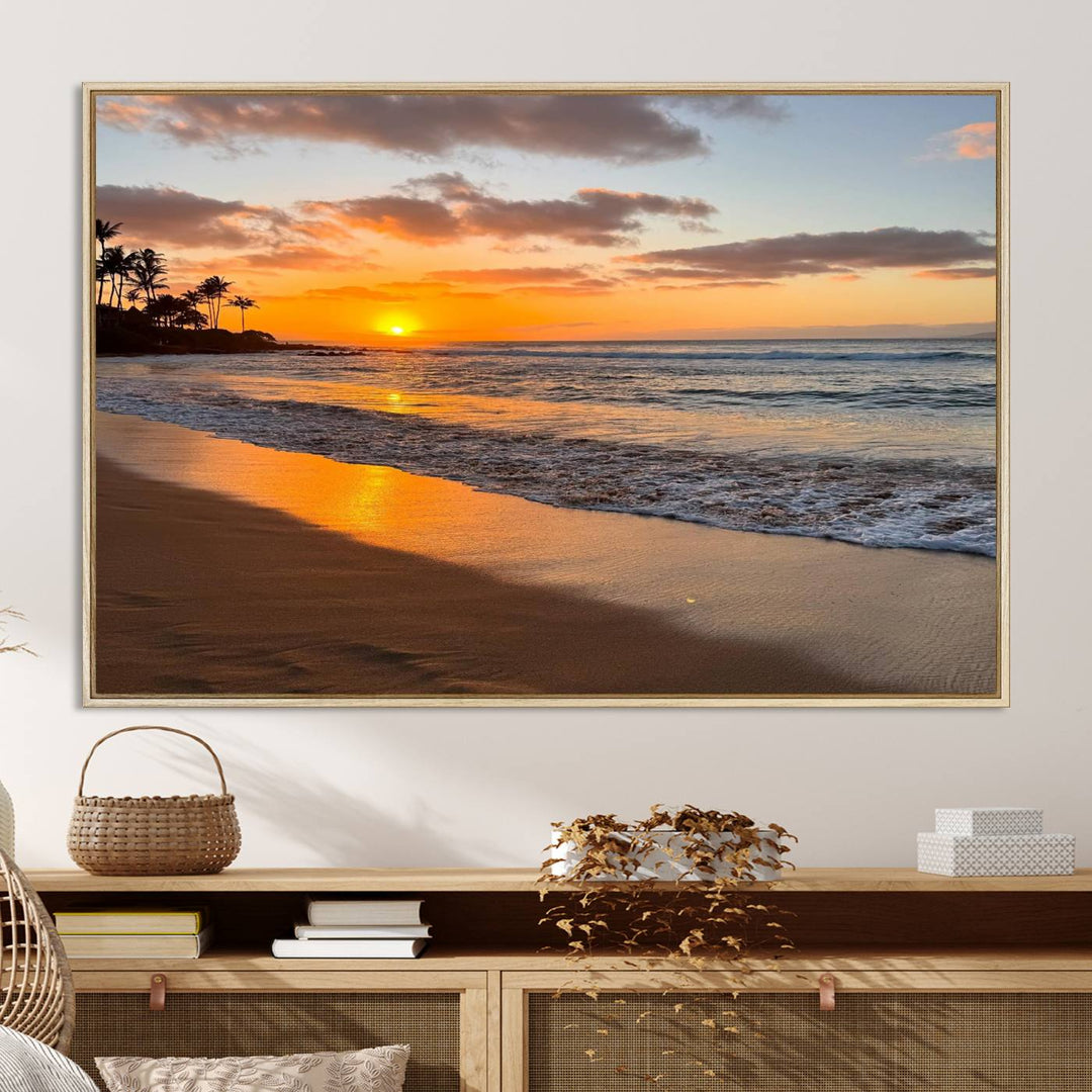 Sunset Wall Art Print featuring a beach sunset with waves and palms, perfect for coastal decor.