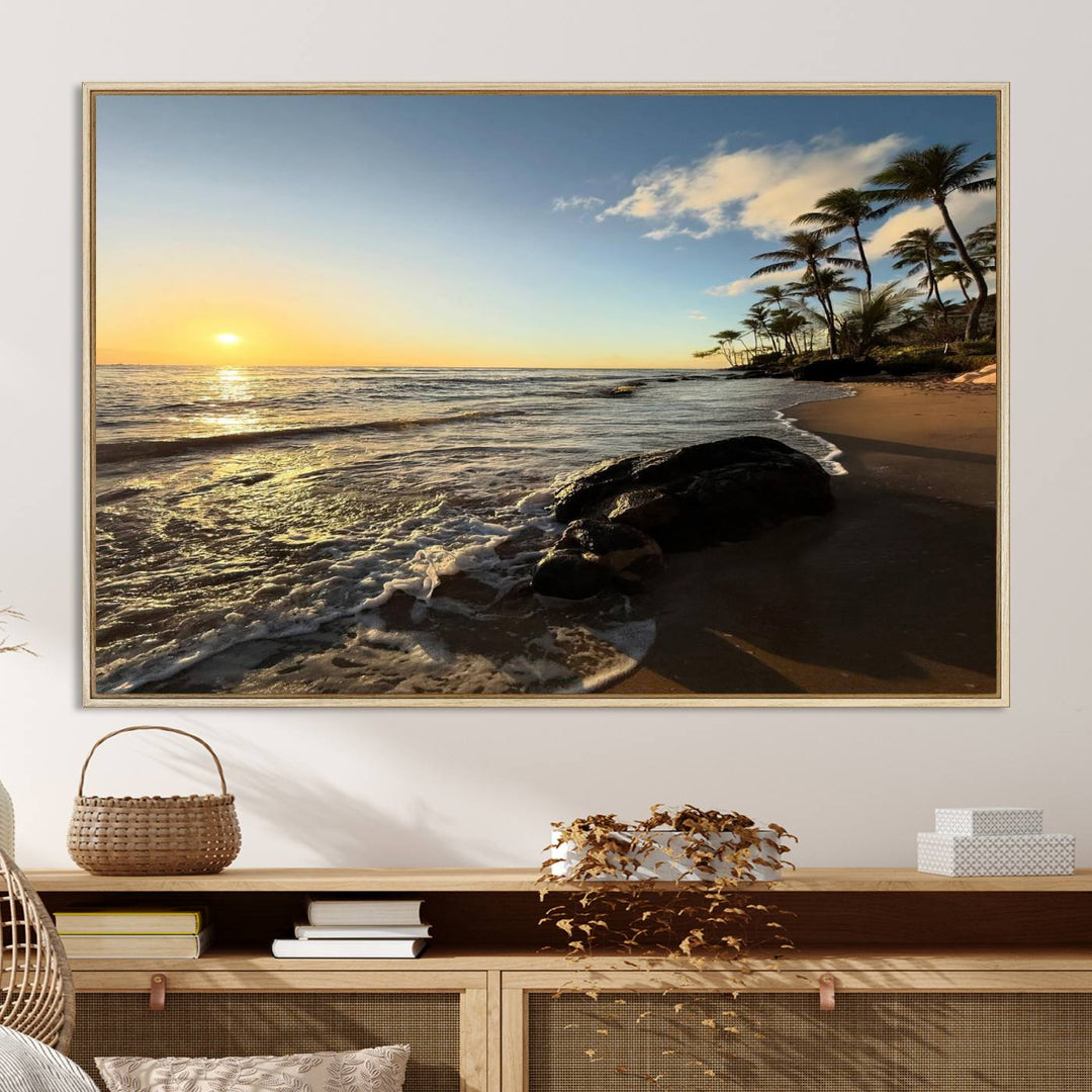 A serene tropical sunset on canvas, featuring palms and waves, serves as perfect Tropical Beach Wall Art for home or office decor.