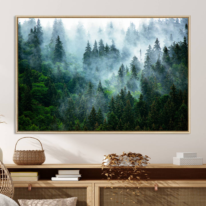 Misty Forest Art Wall Art Canvas Print, Foggy Mountain Art Print, Framed Scenic Wall Print Art Print, Large Woodland Canvas Printing Perfect