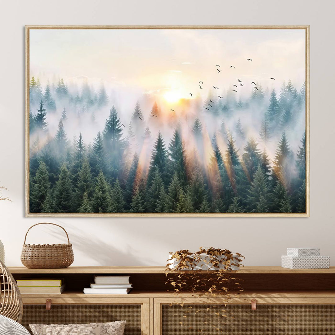 Misty Pine Forest Wall Art: A depiction of sunrise over foggy trees and birds against a bright sky; a framed woodland scene ideal for home or office decor.