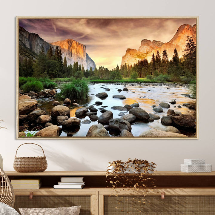 A tranquil riverside sunset mirrors the beauty of a Yosemite wall art masterpiece like the Large El Capitan Print.