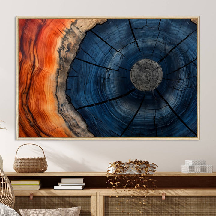 Abstract Tree Rings Canvas Print with vibrant colors—ideal farmhouse wall art for a woodland-themed home.