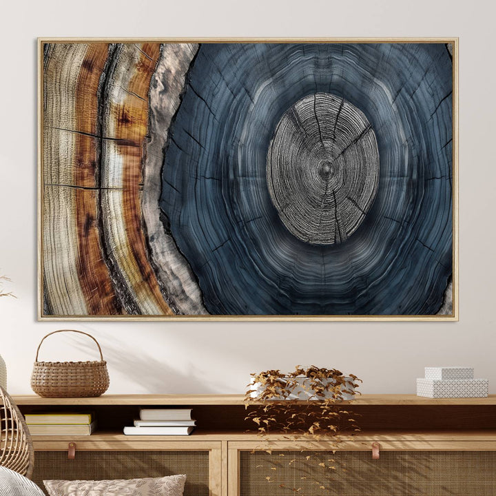 Close-up of the Abstract Tree Rings Wall Art Print featuring shades of blue, brown, and gray.