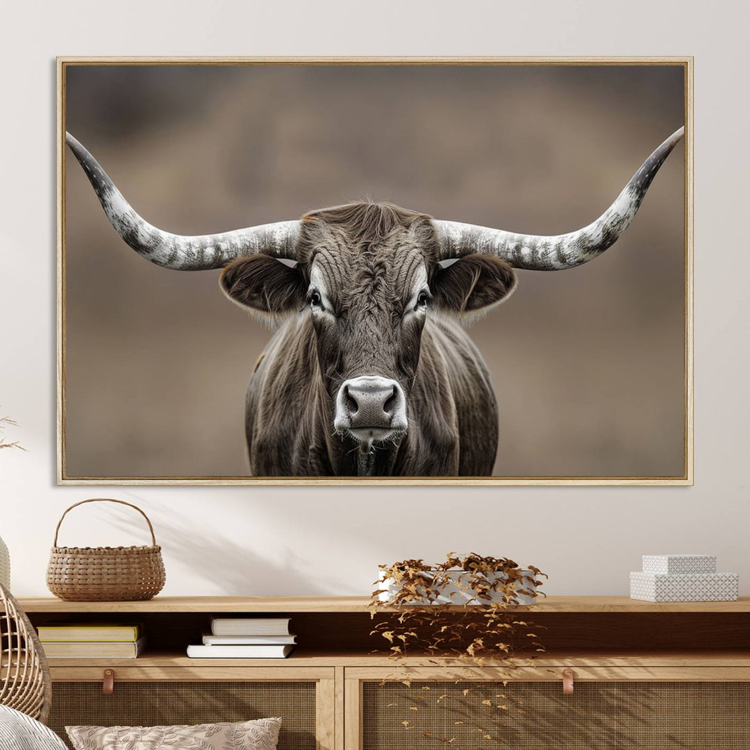 The Framed Texas Longhorn Bull Art Canvas Print adds timeless elegance to the serene setting.