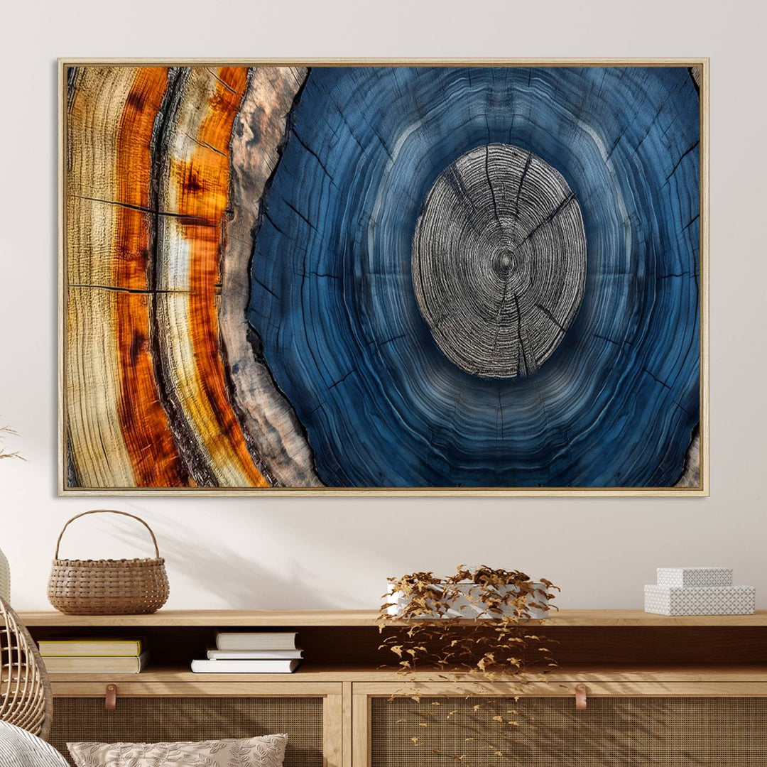 Vibrant Abstract Tree Rings in Orange, Brown, and Blue - Canvas Print for Nature Woodland Wall Decor.