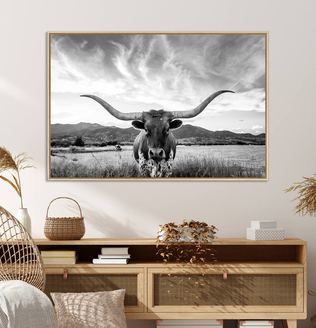 Modern living room featuring Longhorn Cow Wall Art Canvas Print.