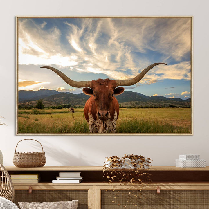 Texas Longhorn Canvas Wall Art – Majestic Triptych Animal Print – Rustic Western Decor for Living Room or Office – Ready to Hang
