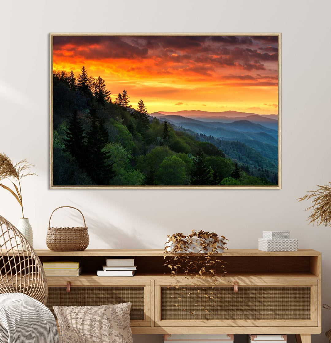 The Great Smoky Mountains Sunset Wall Art, a 3-panel print, beautifully captures natures beauty and is perfect for living room or office decor.