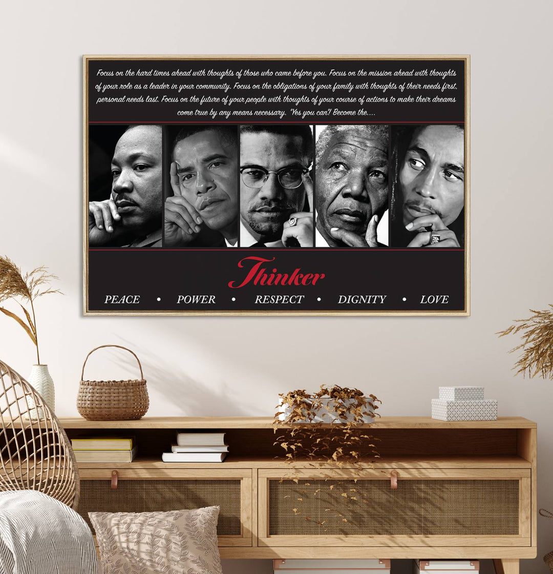 The Thinker Quintet Canvas Wall Art features portraits of Martin, Obama, Malcolm X, Mandela, and Marley, each representing virtues such as Peace and Power.