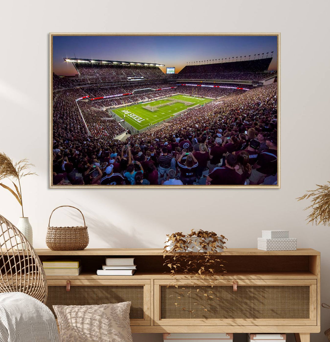 A vibrant canvas print of Texas A&M Aggies at College Stations Kyle Field Stadium captures the energy of fans cheering as the band marches at sunset.