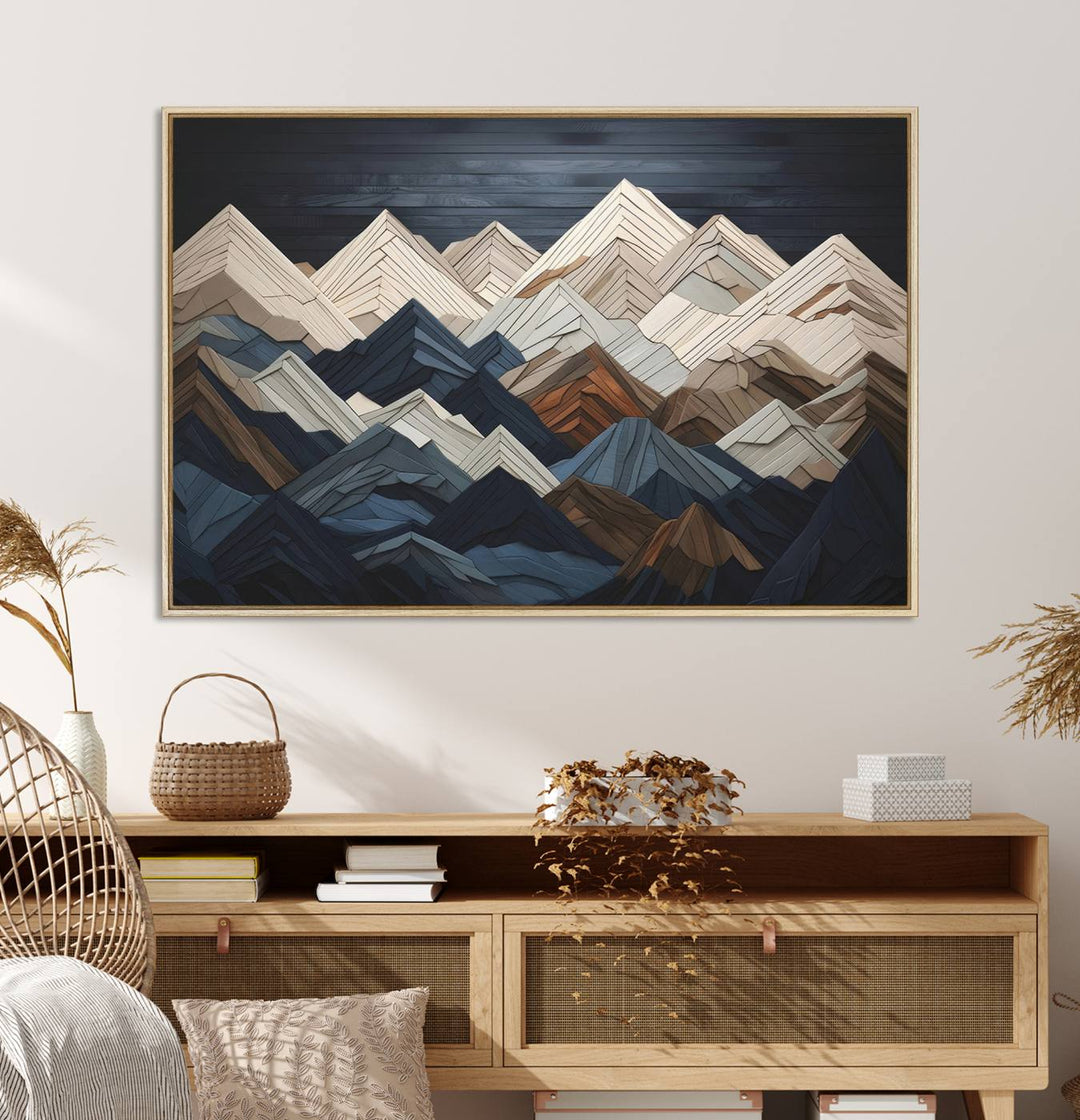 A geometric mountain range wood style wall art in shades of blue, gray, and brown; a 3-piece abstract set perfect for modern rustic decor.