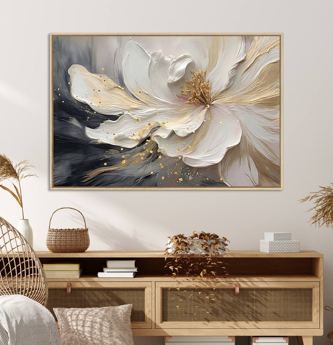 Elegant White and Gold Floral Triptych Canvas Art, a modern textured flower painting for home or office decor, features a blurred gray background.